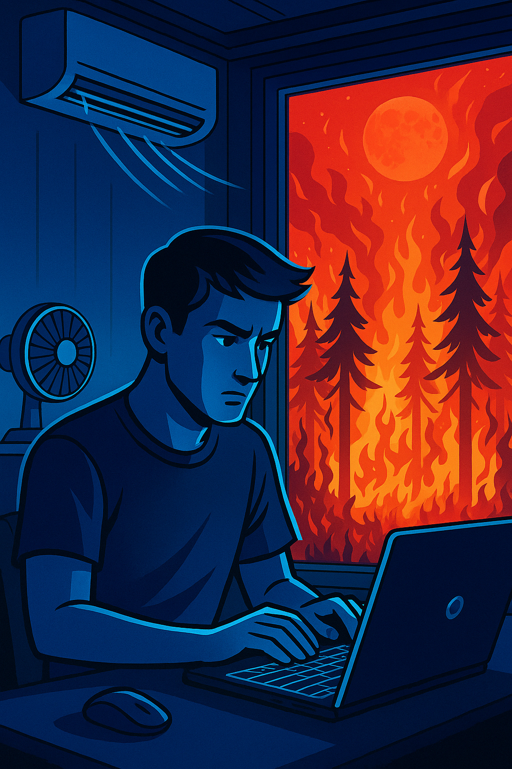 Un uomo lavora al computer in una stanza fredda, con ventilatore e aria condizionata, mentre fuori dalla finestra una foresta brucia sotto il sole rovente. Un contrasto simbolico sul cambiamento climatico e l’indifferenza umana.