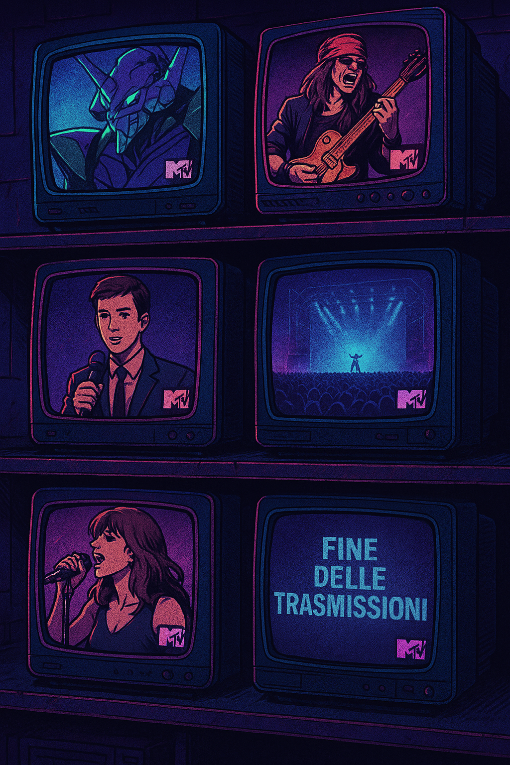 Serie di sei televisori CRT in stile cyberpunk che mostrano MTV con immagini di Eva01, chitarrista hard rock, presentatore, concerto live, cantante e schermo con scritta 'fine delle trasmissioni'